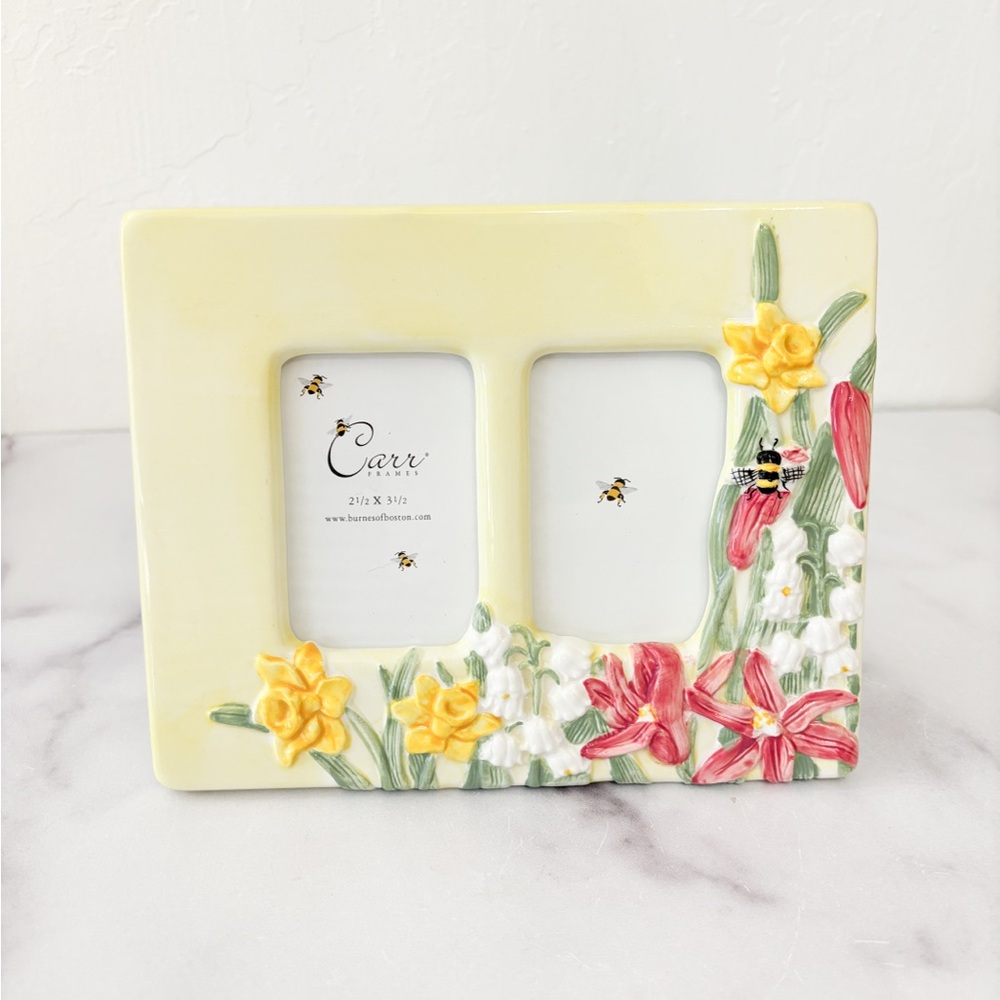 Floral Bee Double Photo Frame Burnes Of Boston Yellow 2.5”x3.5”
